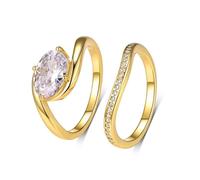 Anello da donna con dito indice, anello dell'amicizia ondulato, 2 anelli con taglio ovale 1,75 ct, moissanite 9 K, in oro giallo 9 K, misura 47 (15,0)