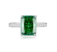 Anello da donna con dito indice, stile vintage, con 8 x 10 mm, rettangolare, smeraldo e moissanite, argento bianco 14 carati, misura 50 (15,9)