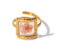 Anello da donna con fiore essiccato fatto a mano, in acciaio inox placcato oro, regolabile, con fiori pressati, non ti scordar di me, anello aperto a fascia per matrimonio o festa, Metallo, Nessuna