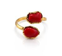 Anello da donna e ragazza miusra regolabile in argento 925 Dorato con doppia spola barocca corallo rosso naturale del Mediterrano gioiello unico artigianale