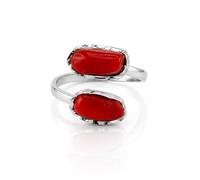 Anello da donna e ragazza miusra regolabile in argento 925 rodiato con doppia spola barocca corallo rosso naturale del Mediterrano gioiello unico artigianale