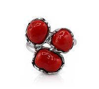Anello da donna e ragazza miusra regolabile in argento 925 rodiato con tripla spola barocca corallo rosso naturale del Mediterrano gioiello unico artigianale