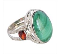 Anello da donna in argento Sterling 925 con pietra rosa cabochon marquise, 20 x 14 mm e 6 x 4 mm, M 1/2, Pietra preziosa., Malachite, granato