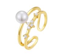 Anello da donna in oro giallo 9 K/14 carati, con perle aperte, regolabile, alla moda, elegante, da donna, 62 (19.7), Perla