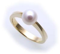 Anello da Donna Vero Oro 585 Perle 7,5 MM Lucido Giallo 14kt Qualità Nuovo
