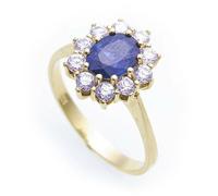 Anello da Donna Vero Zaffiro 7 x 5 Oro 585 con Zirconia Giallo 14 Carato