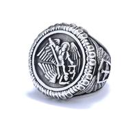 Anello da uomo con croce di San Michele, anello vintage con ali di angelo vichingo, anello di San Michele Arcangelo, anello religioso, anello amuleto religioso, gioielli punk cristiani fede regalo per