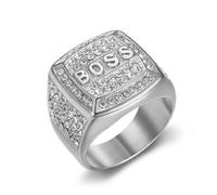 Anello da uomo in acciaio al titanio placcato sottovuoto con diamante a blocchi di lettere BOSS, 11, A