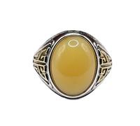 Anello da uomo ovale in stile retrò con corno di bue, intarsiato con ambra e cera d'api, Adjustable opening, Metallo, Zirconia cubica