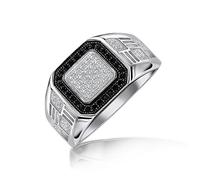 Anello da uomo personalizzato con motivo geometrico micro pavé halo quadrato bicolore bianco nero CZ zirconi cubici per fidanzamento. Argento sterling .925 personalizzabile.