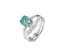 Anello delicato da donna, set da 2 anelli con taglio ovale verde 2 ct, moissanite 14 carati, oro bianco 14 carati, misura 58 (18,5)