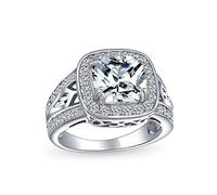 Anello Di Fidanzamento Antico Stile Art Deco 3Ctw Aaa Cz Pave Piazza Cushion Cut Solitaire Per Donne .925 Argento Split Pave Cubic Zirconia Side Stone Filigrana