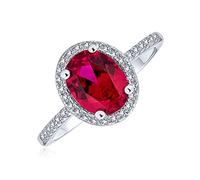 Anello di fidanzamento cocktail con granato simulato rosso rosa, solitario ovale con pavé di zirconi cubici CZ da 3CT, per donne, in argento sterling .925, pietra portafortuna di gennaio.