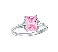 Anello di fidanzamento con pietra centrale rettangolare taglio smeraldo e accenti laterali taglio trillion, passato presente futuro, 3 pietre, 3CT CZ rosa AAA zircone cubico, argento sterling .925.