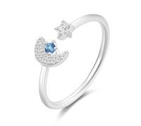 Anello di fidanzamento da donna in oro bianco, anelli da donna con luna e stella, regolabile con taglio rotondo blu zaffiro, Oro bianco 9 K, Zaffiro