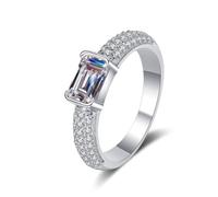 Anello di fidanzamento da donna, in oro bianco vintage, quadrato, mezza eternità, con taglio smeraldo bianco 1 carati, diamante coltivato da laboratorio, 12 (16,6), Oro bianco 18 carati (750