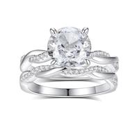 Anello di fidanzamento da donna, set da 2 pezzi, con moissanite 2 carati, oro bianco 18 carati, misura 62 (19,7)