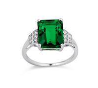 Anello di fidanzamento dichiarativo in stile Art Déco elegante con pietra laterale in nano smeraldo verde e zaffiro bianco creato da 3CT. Argento sterling .925