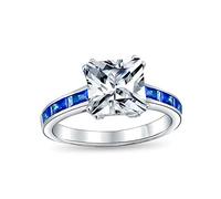 Anello di fidanzamento personalizzato in stile Art Déco classico con taglio principessa quadrato 3CT AAA CZ per donne, zirconi cubici simulati zaffiro blu con baguette incastonate a canale, argento