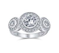 Anello di fidanzamento personalizzato in stile vintage Art Déco con tre pietre passato presente futuro, circolo halo con zirconi cubici AAA rotondi solitari per donna in argento sterling .925
