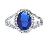Anello Di Fidanzamento Solitario Ovale Con Diamante Aaa CZ Brillante Simulato Taglio Zaffiro Blu Reale Halo Tradizionale Classico 10Ct Per Donne Fascia Sottile Divisa Argento Placcato Personalizzabile