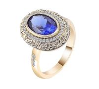 Anello di fidanzamento vintage, gioielli in stile vintage, motivo floreale con zaffiro blu ovale in oro giallo, Oro giallo 14 carati, Zaffiro