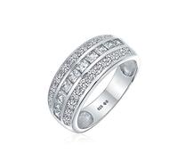 Anello di nozze a fascia larga con dichiarazione a 3 file in stile Art Déco con zirconi cubici AAA taglio principessa incastonati a canale, mezza eternità, per donna, in argento sterling .925,