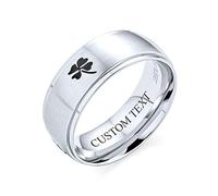 Anello di nozze personalizzato portafortuna celtico irlandese con trifoglio a quattro foglie per uomo e donna, finitura opaca, tono argento, acciaio inossidabile, incisione personalizzata.