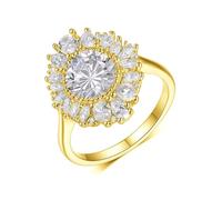 Anello dichiarato, anello da donna, piccolo fiore con taglio rotondo, 2 ct, moissanite, oro giallo 18 carati, misura 47 (15,0)