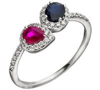 Anello Donna Con Rosso Rubino & Zaffiro Blu & 38 Brillanti, 585 Oro Bianco