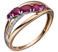 Anello Donna Con Rubino Rosso & 16 Diamanti Brillanti, 585 Oro Rosso