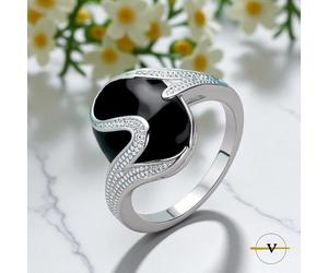 ANELLO DONNA IN ARGENTO 925 RODIATO CON OSSIDIANA NERA E ZIRCONI MISURA 18