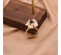Anello Fatto A Mano con Fiore Barocco Naturale, Perla Rotonda Blu Scuro, Femminismo Indipendente, Gioielli Squisiti da Donna