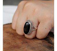 Anello fatto a mano in argento sterling 925 forma ovale onice nera tutte le m...