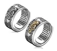 Anello Feng Shui PiXiu,Kucheed Anelli Mantra Regolabili per Uomo Donna,Inciso Sutra MANI Amuleto Protezione Ricchezza Amore Prosperità,Regalo di Gioielli con Fascia Fortunata Buddha Retrò (2 Pezzi-A)