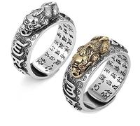Anello Feng Shui PiXiu,Kucheed Anelli Mantra Regolabili per Uomo Donna,Inciso Sutra MANI Amuleto Protezione Ricchezza Amore Prosperità,Regalo di Gioielli con Fascia Fortunata Buddha Retrò (2 Pezzi-A)