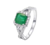 Anello Fidanzamento Vintage, Anello Donna 4 Punte a Forma Quadrata con Smeraldo E Diamante da 1,5 Ct Oro Bianco 18K Taglia 26