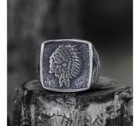 Anello in acciaio inossidabile con teschio indiano, simbolo dell'onore e del rispetto, con cofano da guerra e frecce tribali, design maschile per uomo