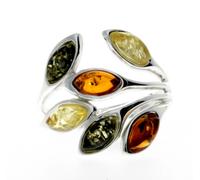 Anello In Argento Sterling 925 Moderno Con Ambra Baltica Multi-Colore Oval M723