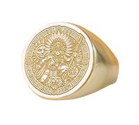 Anello in argento sterling 925 raffigurante un dio guerriero azteco | Anello placcato in oro | Anello con sigillo rotondo da 15x15 mm | Misura della fascia US 5-12,5 Avelaibal | LKDR_0707