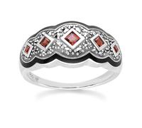 Anello in argento sterling con granato quadrato in stile Art Deco con cinque pietre e marcasite, Gemma Argento sterling, Granato