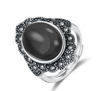 Anello in stile gotico con cristalli neri impilabili, in pietra di agata bohémien, da donna, vintage, con pietra ovale naturale naturale, Lega di acciaio, Nessuna pietra preziosa