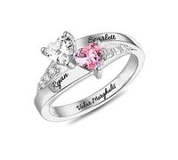 Anello inciso con 2 pietre di nascita e nomi, anelli personalizzati a forma di cuore per donne, anello di promessa personalizzato per lei, anelli di nascita per donne