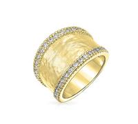 Anello Largo Con Finitura Opaca Martellata Spazzolata Con Accenti CZ Di Stile Moderno Personalizzato Per Dichiarazione Di Moda Per Donne Placcato In Oro Giallo 14K In Ottone Personalizzabile