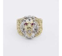 Anello Leone Occhi Di Rubino E CZ Oro Giallo Bianco Reale 10K Tutte Le Taglie