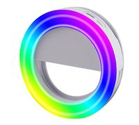 Anello luminoso portatile, diametro dell'anello 8,5 cm, 16 LED, luce bianca e RGB, batteria ricaricabile da 150 mAh integrata, fissaggio a morsetto