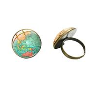 Anello Mappa del Mondo Terra Pianeta Mappa del Mondo Cabochon in Vetro Bronzo Antico Colore Artigianato Arte Dipinto Anello Uomo Donna Gioielli 2,5 Vetro, Turchese Sintetico