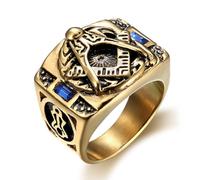Anello massonico in pietra blu per uomini oro punk simbolo massonico anello blu CZ Mason gioielli per uomo, Acciaio inossidabile, Nessuna pietra preziosa