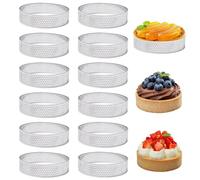Anello Microforato Crostata, 12 Pezzi 6 cm Mousse Per Tartellette in Acciaio Inossidabile, Microforato Anelli Rotondi Stampini, Anelli Rotondi per Torte, per Frutta, Quiche, Mousse, Mini Pizze