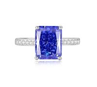 Anello nuziale con moissanite, da donna, con pietra preziosa rettangolare da 8 x 10 mm e moissanite 9 K/14 K/18 K, oro bianco/argento platino Pt950, 58 (18.5), Oro bianco 14 carati (585), Tanzanite